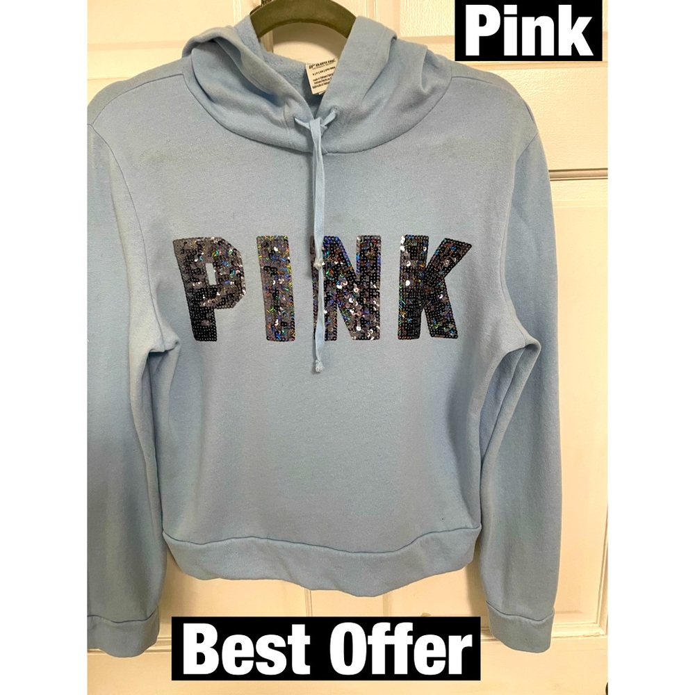 Pink Victoria’s Secret Lt Blue Hoodie with Sequined Logo‎ Sz SP
